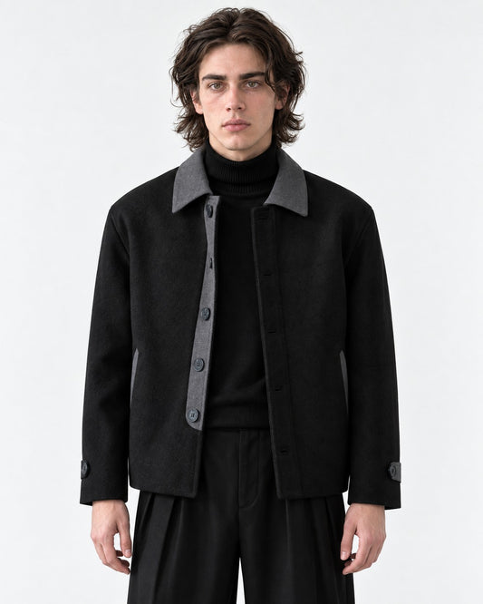 Contrast-Collar Boxy Coat with Side Strap