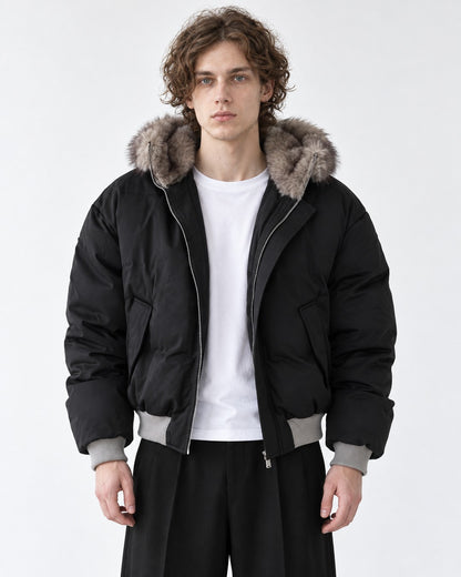 Ribbed-Trim Hooded Quilted Jacket