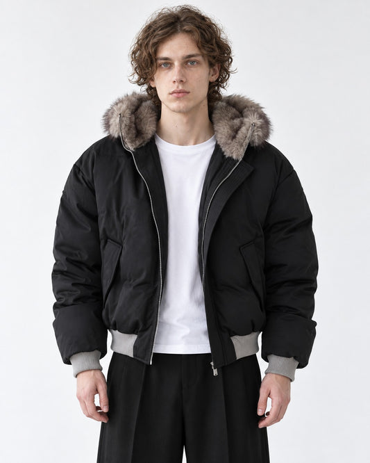 Ribbed-Trim Hooded Quilted Jacket