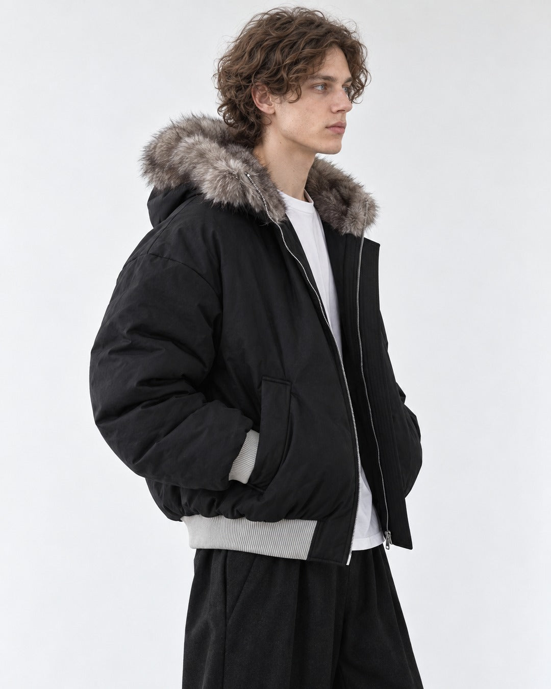 Ribbed-Trim Hooded Quilted Jacket