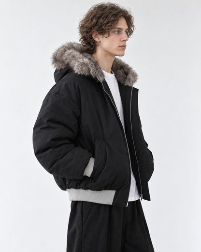 Ribbed-Trim Hooded Quilted Jacket