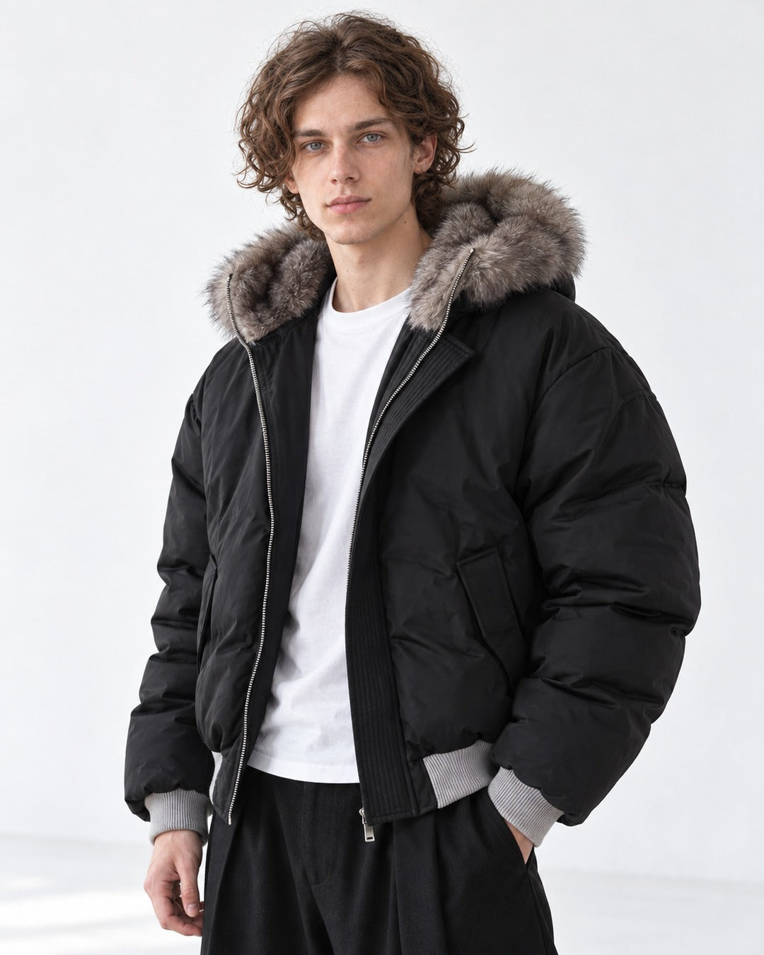 Ribbed-Trim Hooded Quilted Jacket