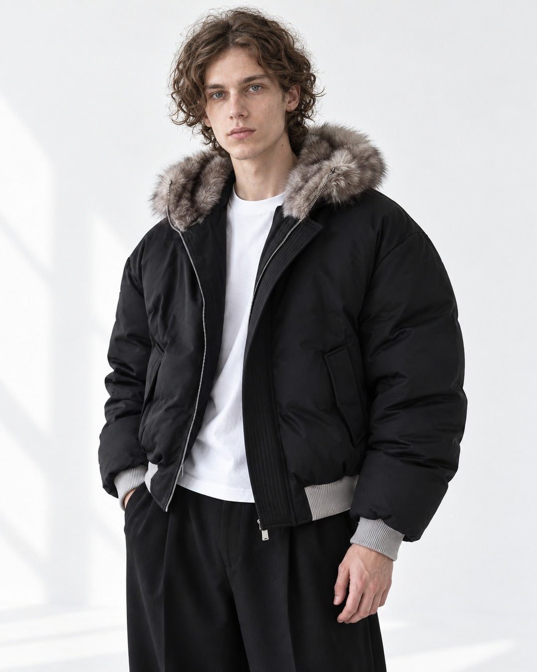Ribbed-Trim Hooded Quilted Jacket