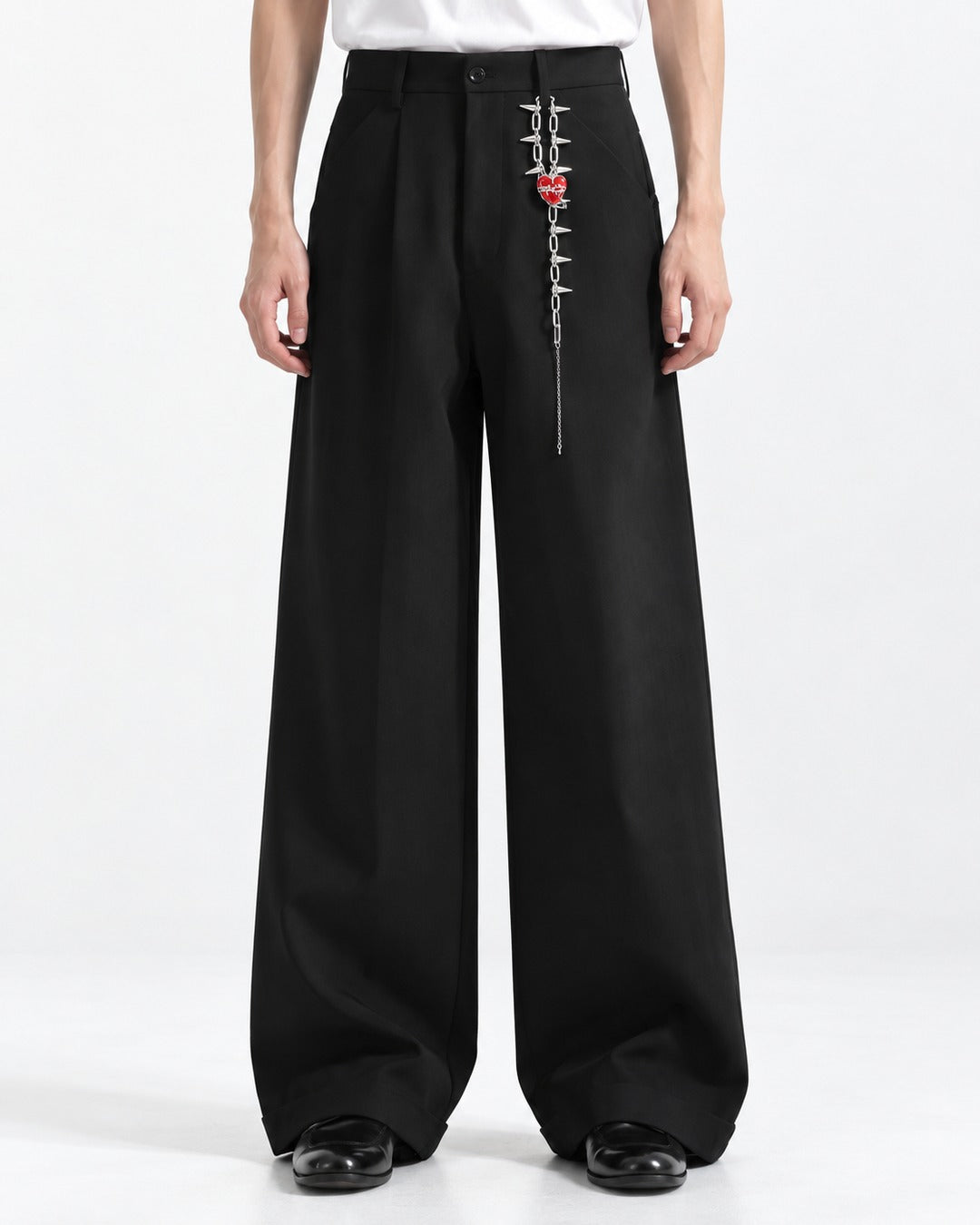 Chain-Charm Pleated Wide-Leg Trousers