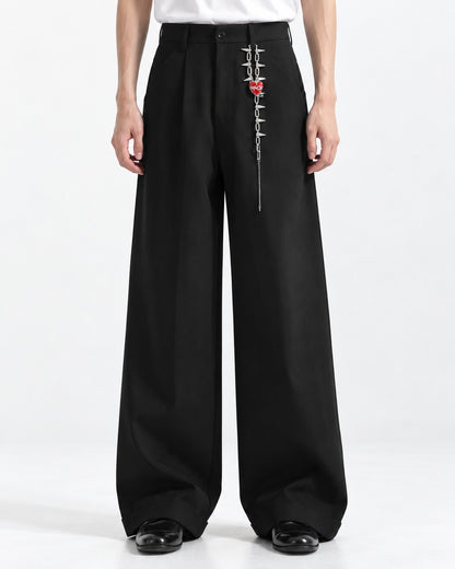 Chain-Charm Pleated Wide-Leg Trousers