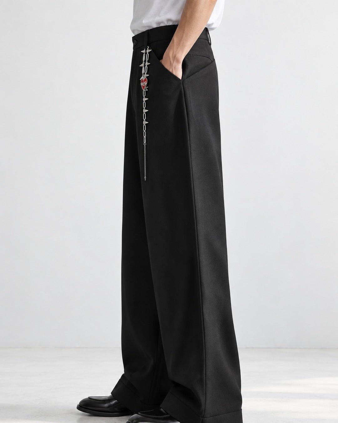 Chain-Charm Pleated Wide-Leg Trousers