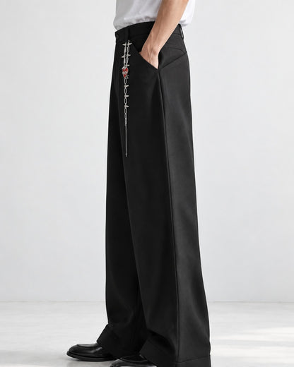 Chain-Charm Pleated Wide-Leg Trousers