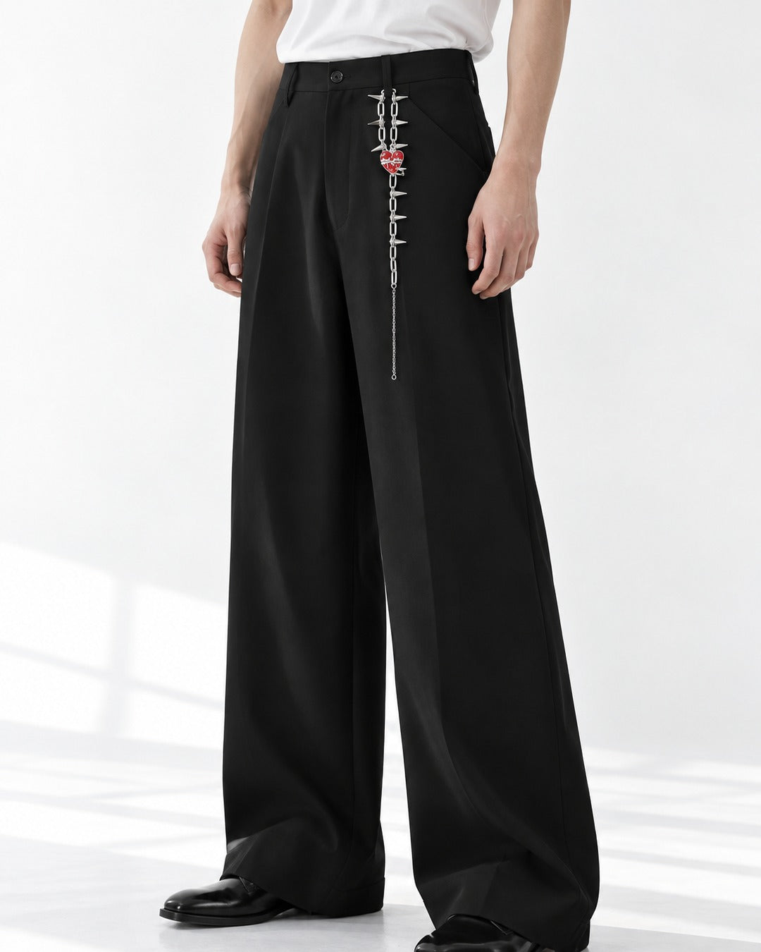 Chain-Charm Pleated Wide-Leg Trousers