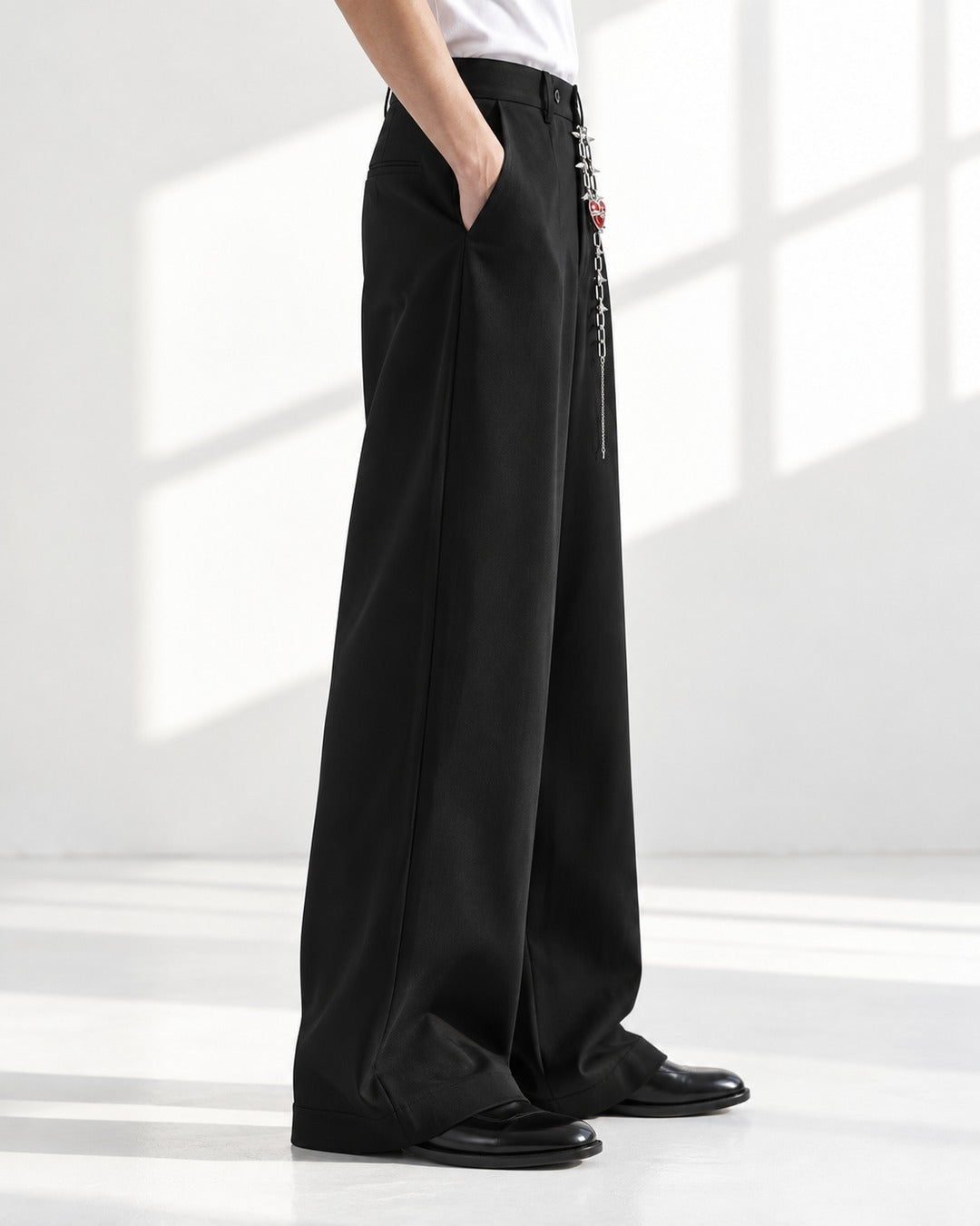 Chain-Charm Pleated Wide-Leg Trousers