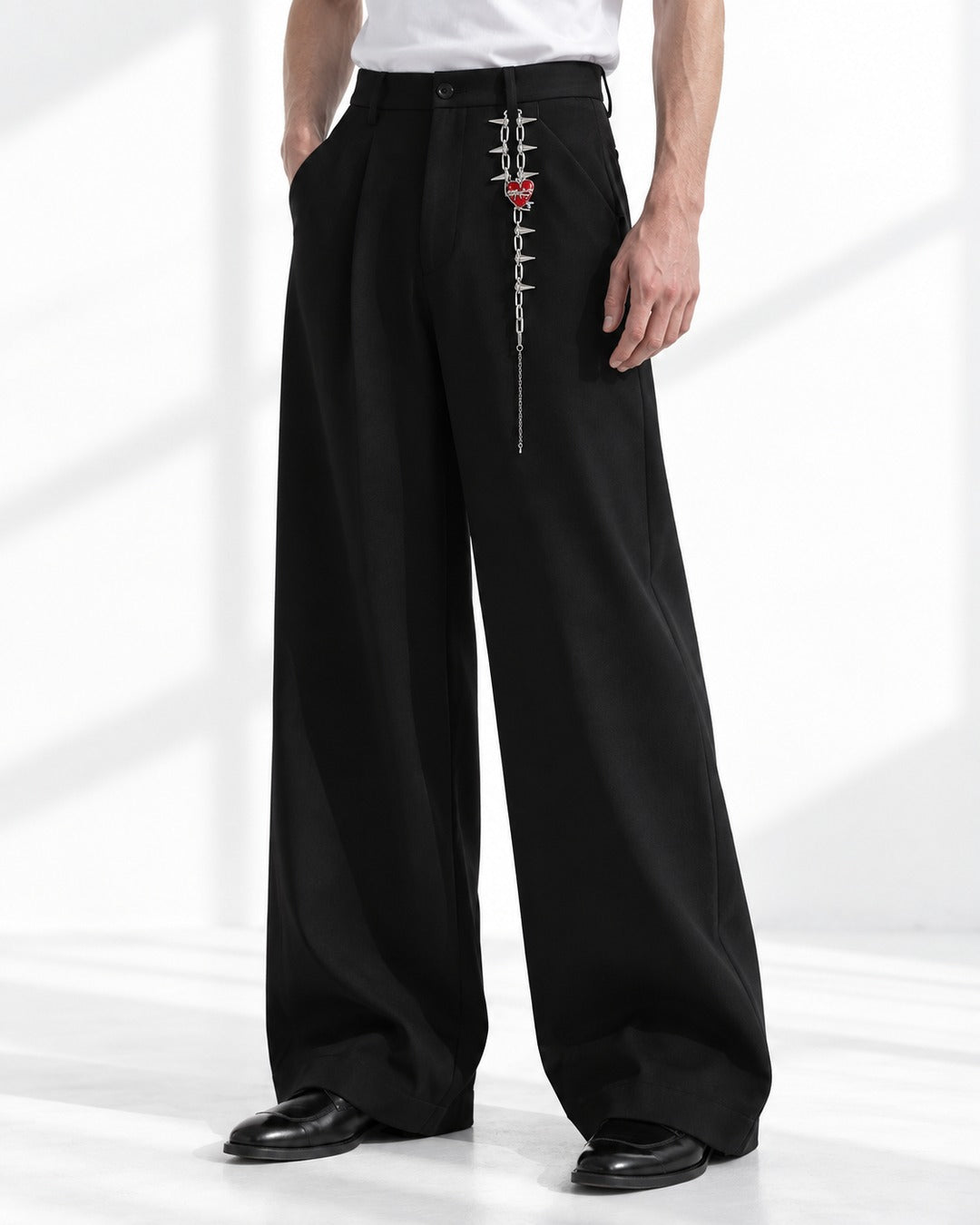 Chain-Charm Pleated Wide-Leg Trousers