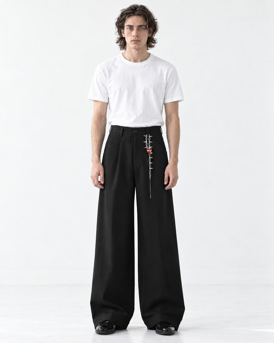 Chain-Charm Pleated Wide-Leg Trousers