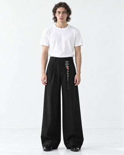 Chain-Charm Pleated Wide-Leg Trousers