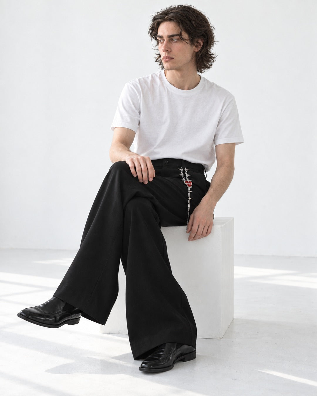 Chain-Charm Pleated Wide-Leg Trousers