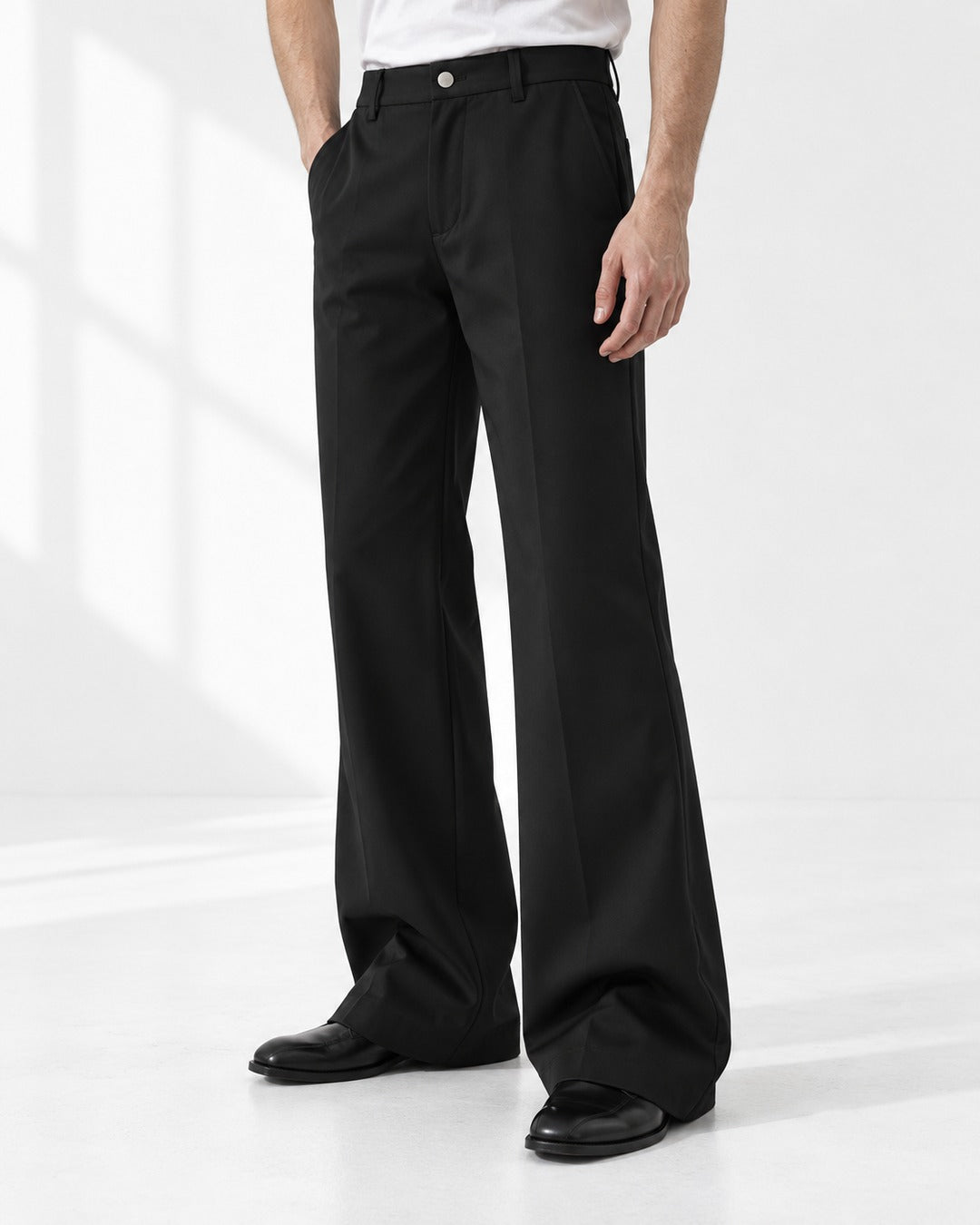 Snap-Front Flared Trousers with Stacked Hem