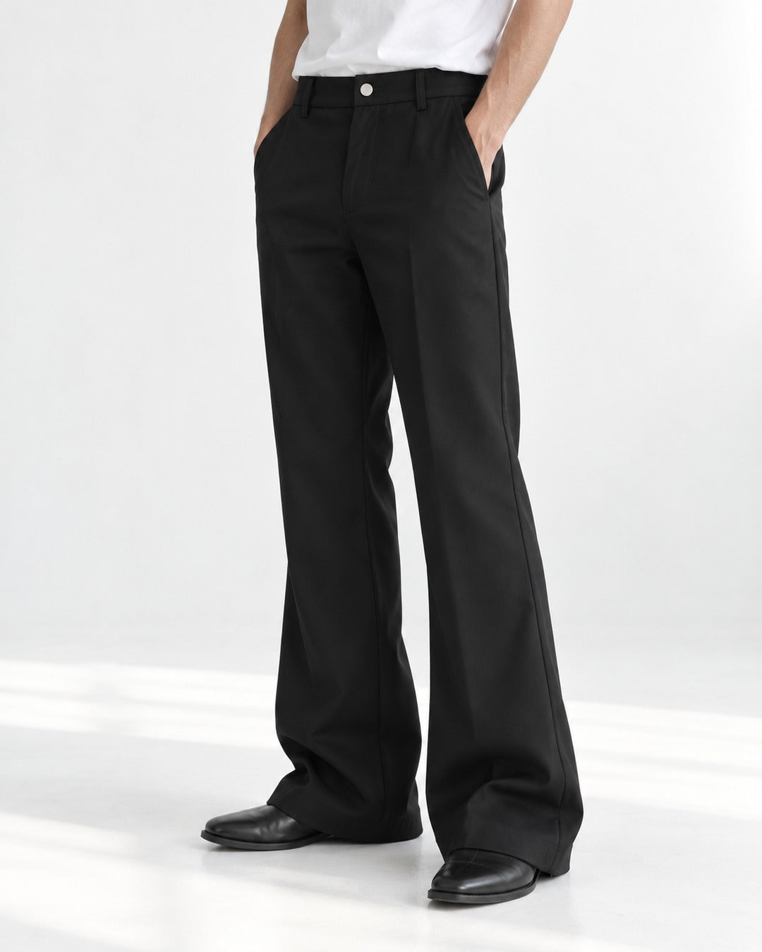 Snap-Front Flared Trousers with Stacked Hem