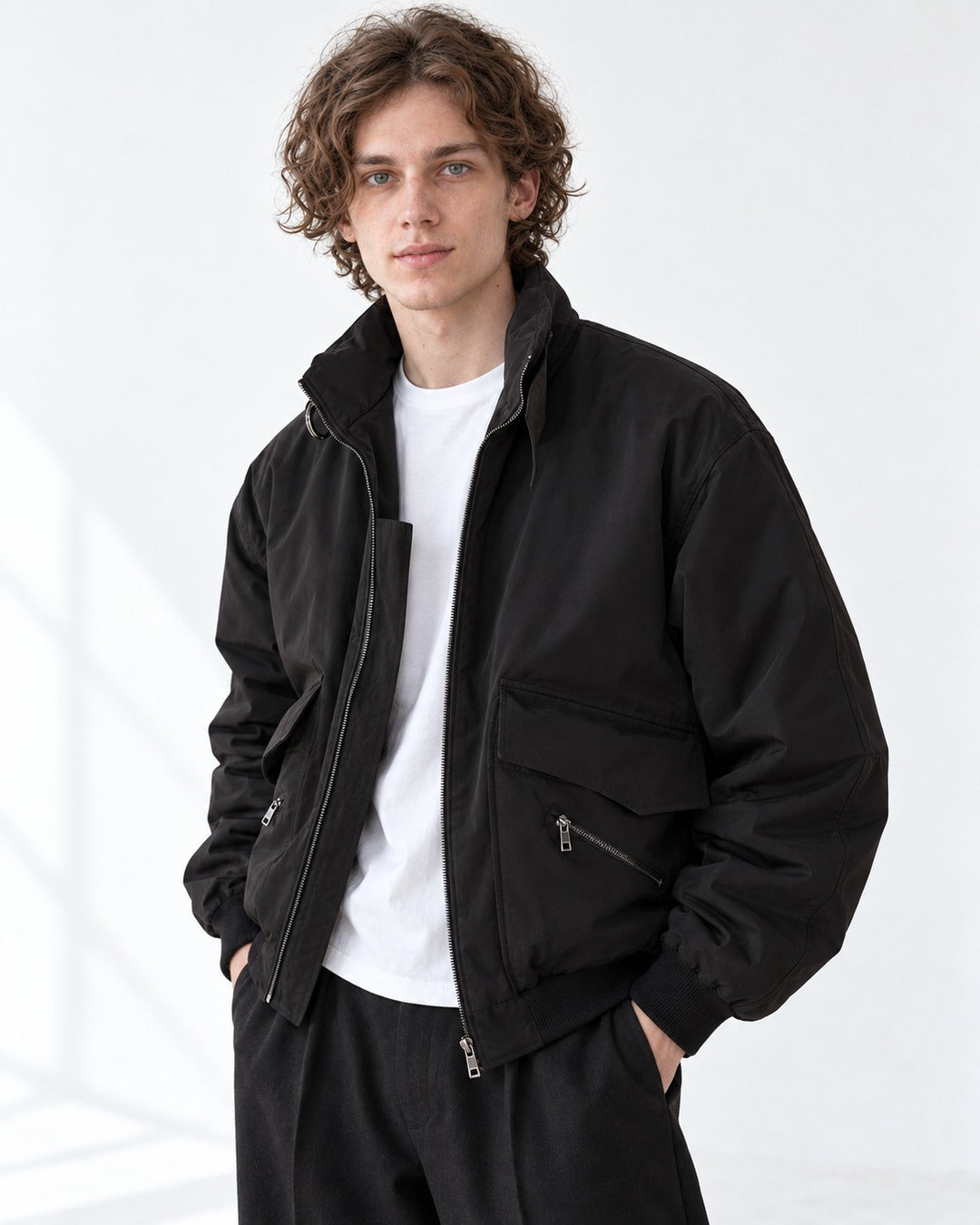 Stand-Collar Zip-Pocket Jacket