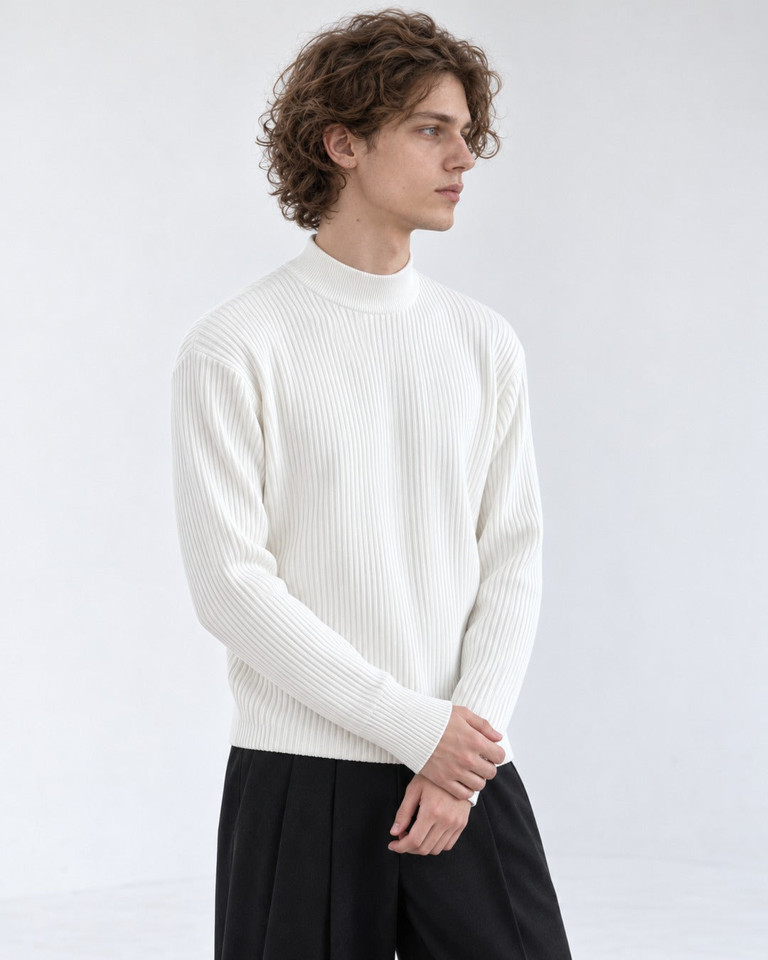 Ribbed Mock-Collar Knit Sweater
