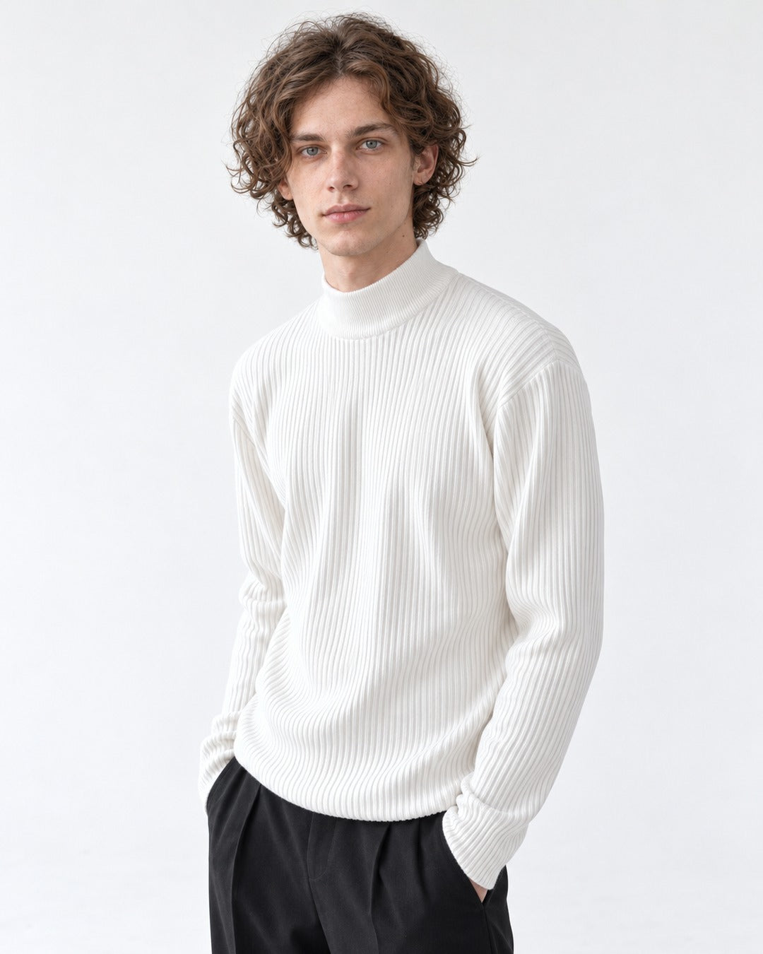 Ribbed Mock-Collar Knit Sweater