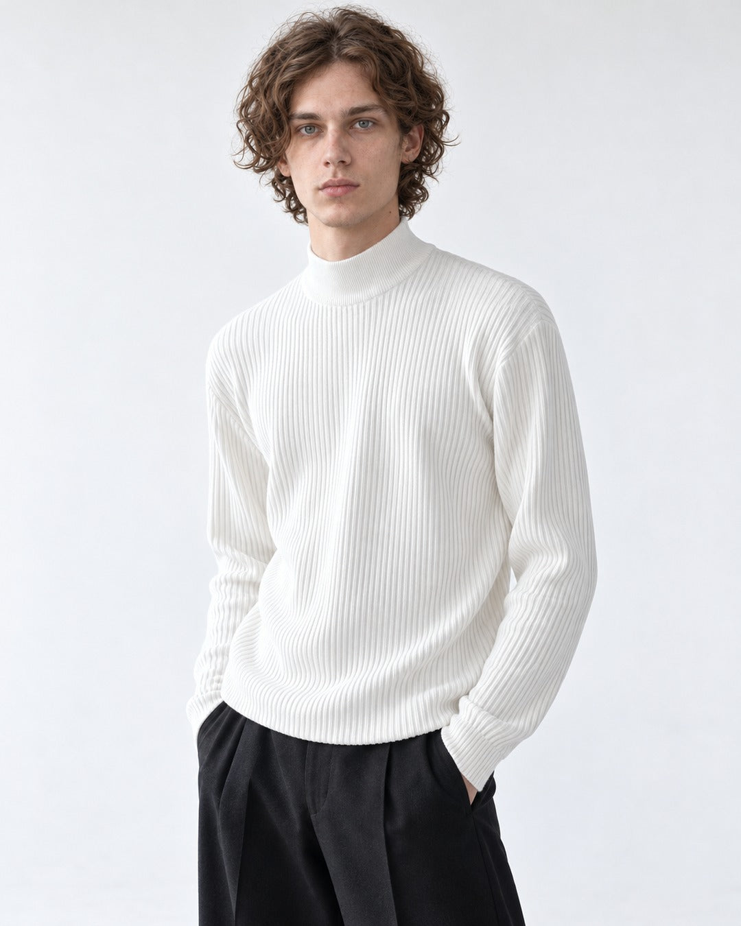 Ribbed Mock-Collar Knit Sweater