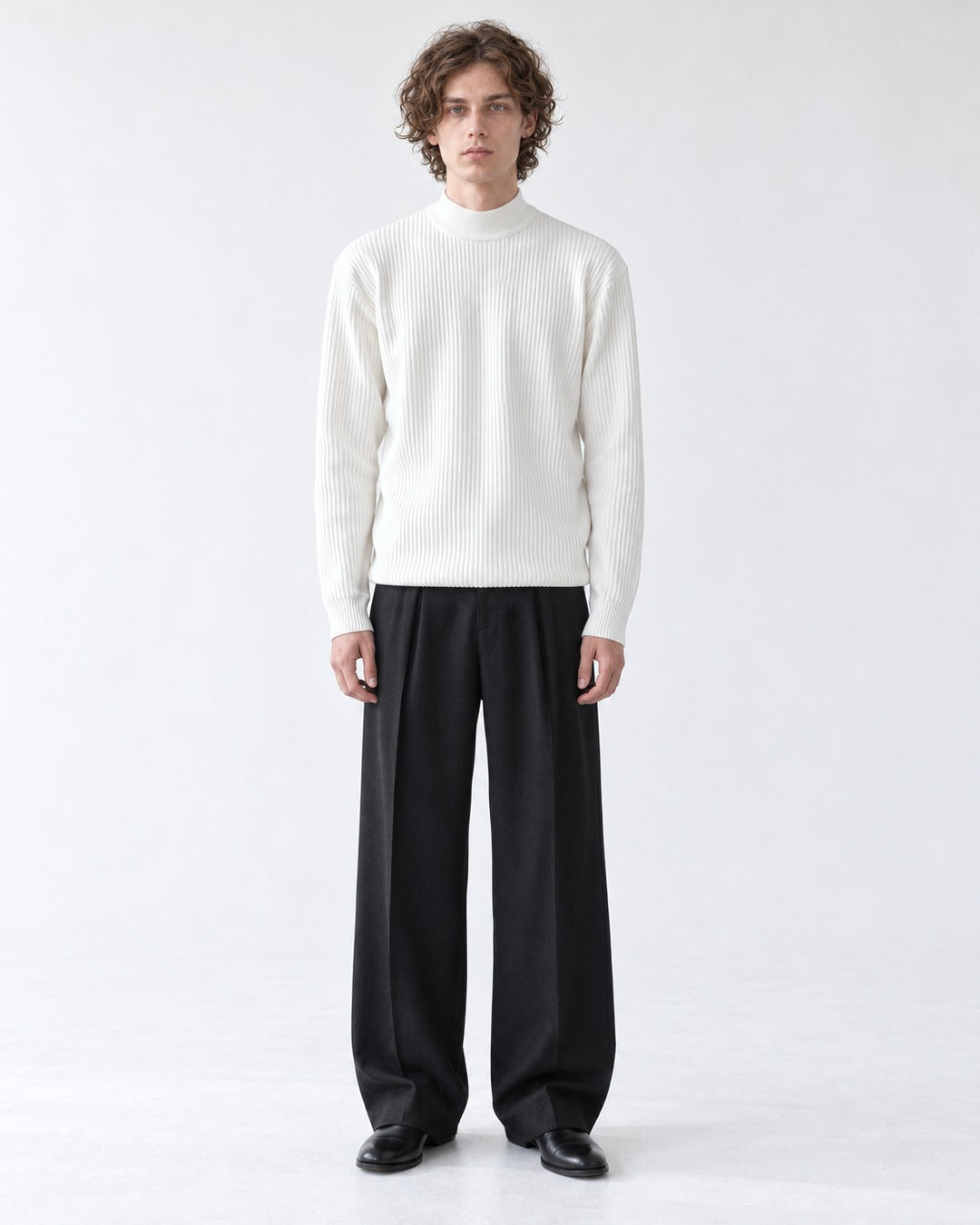 Ribbed Mock-Collar Knit Sweater