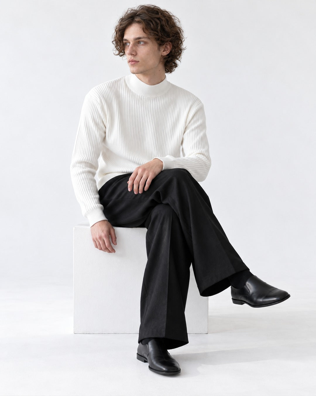 Ribbed Mock-Collar Knit Sweater