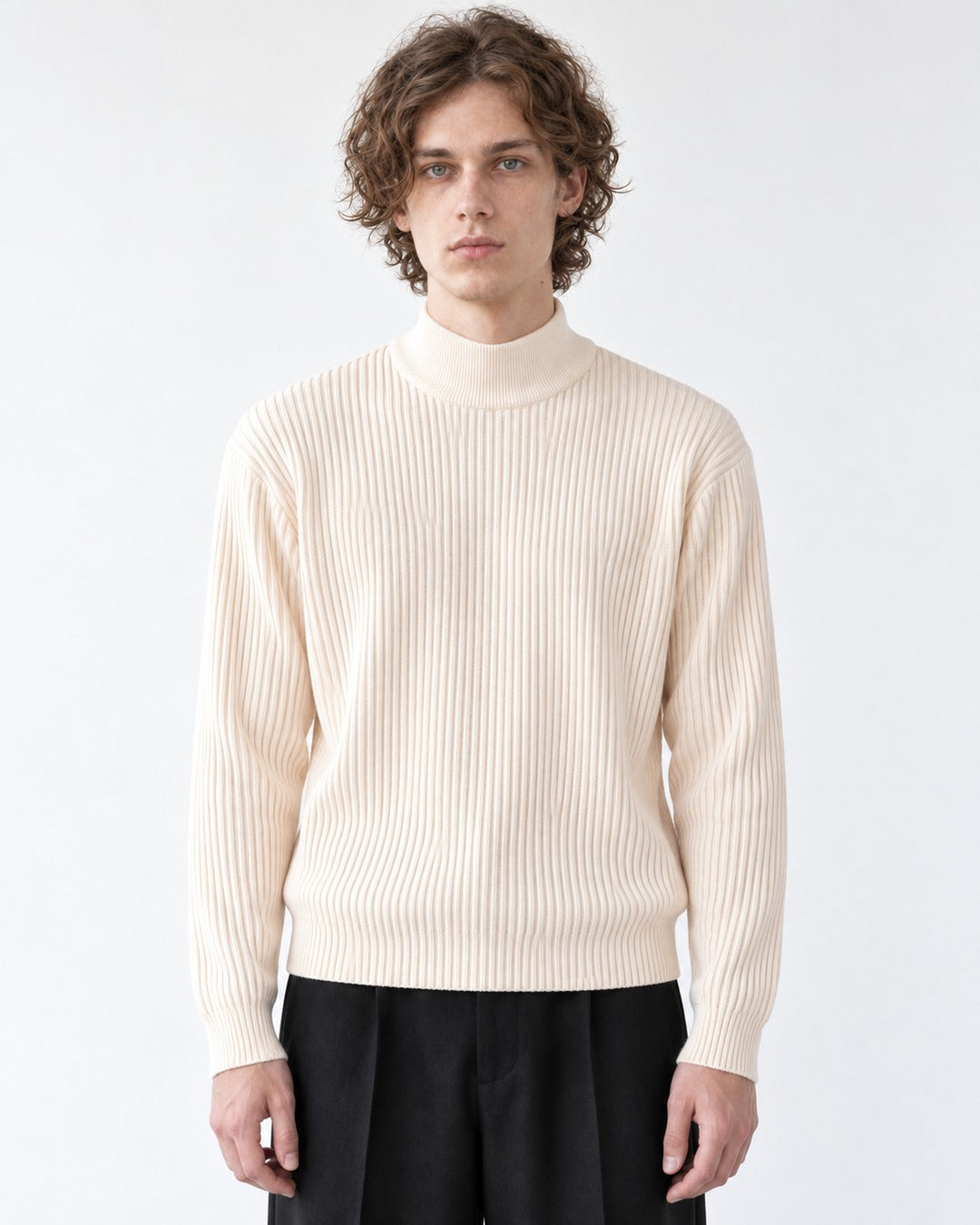 Ribbed Mock-Collar Knit Sweater