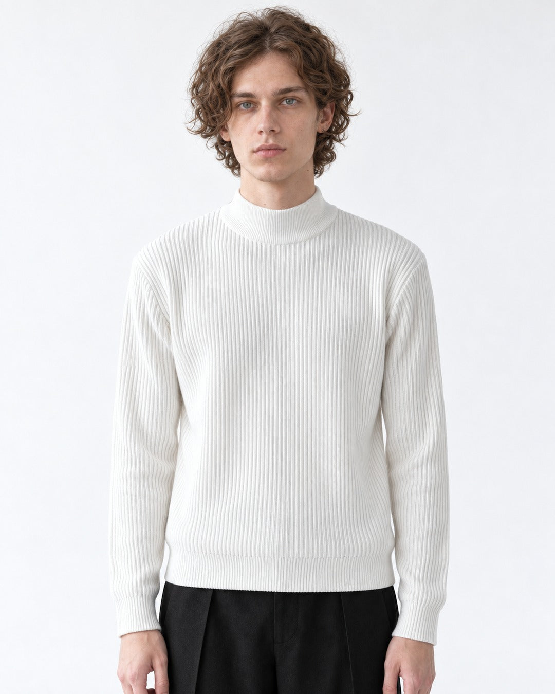Ribbed Mock-Collar Knit Sweater