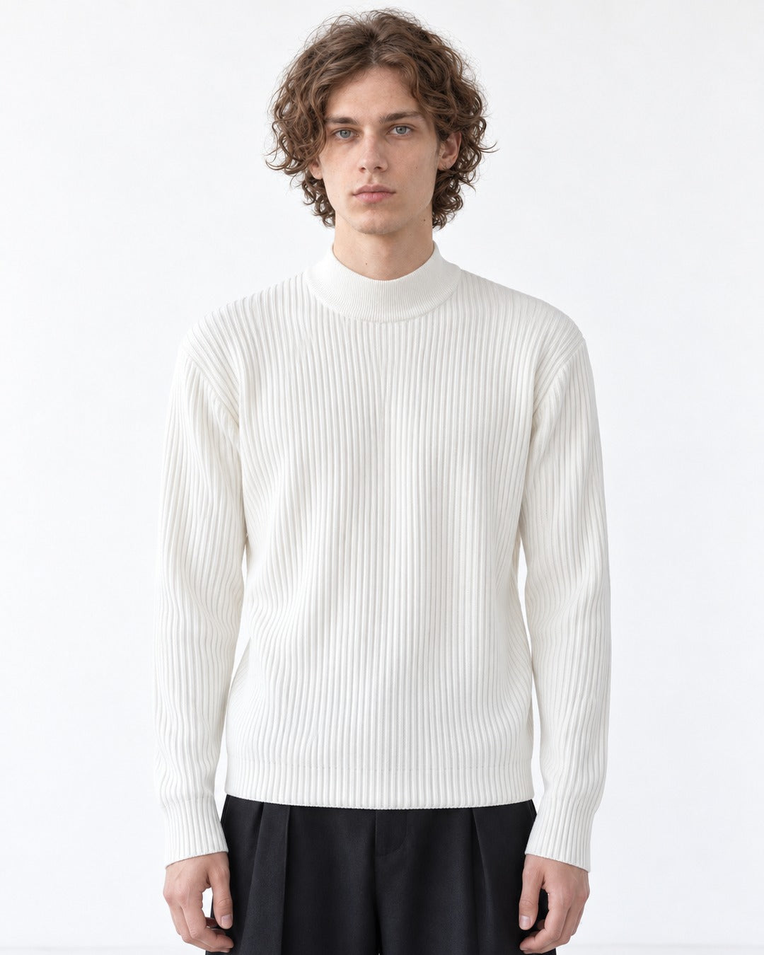 Ribbed Mock-Collar Knit Sweater