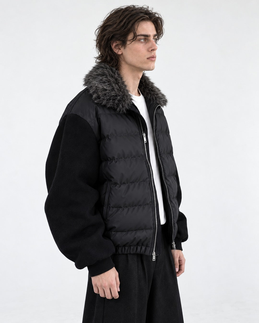 Contrast Sleeve Channel-Quilted Puffer Jacket