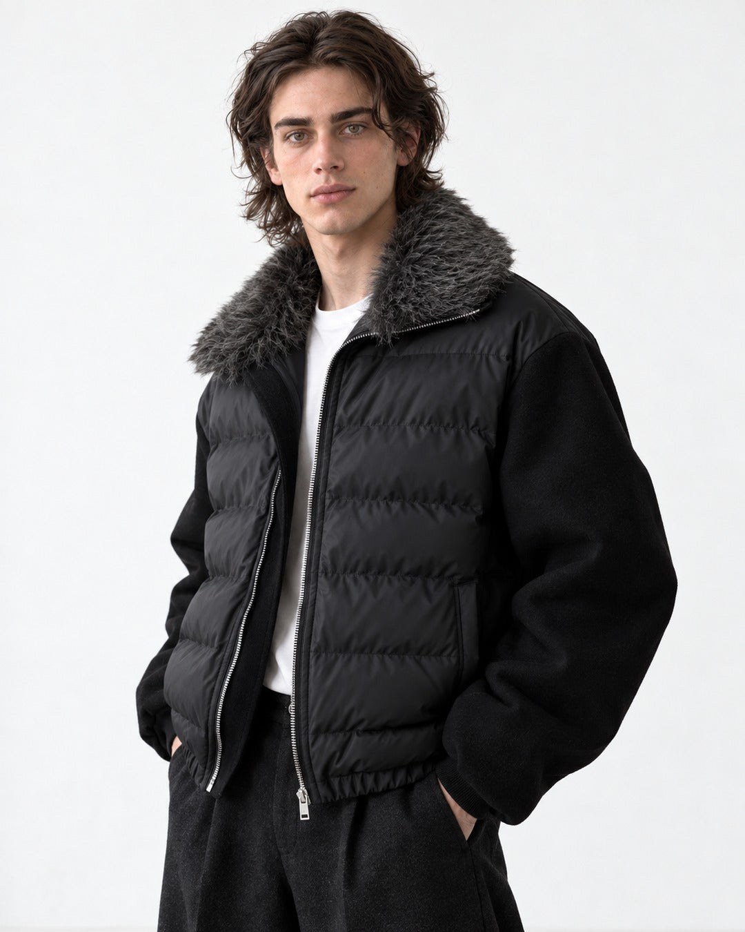 Contrast Sleeve Channel-Quilted Puffer Jacket