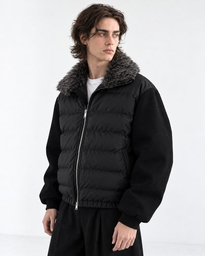 Contrast Sleeve Channel-Quilted Puffer Jacket
