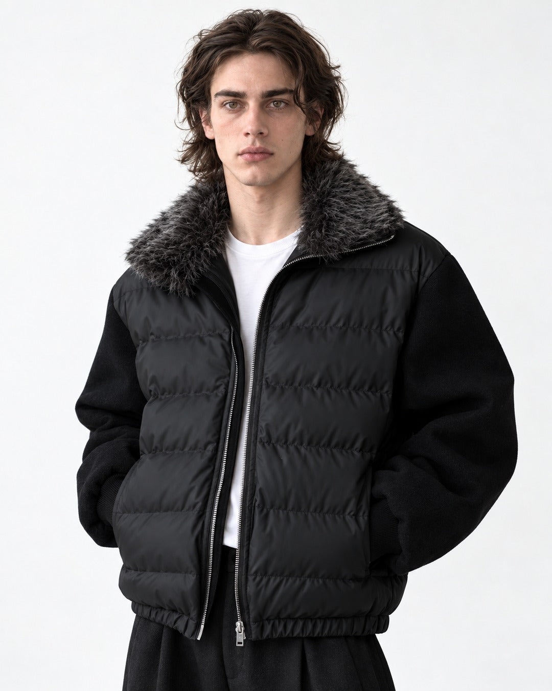 Contrast Sleeve Channel-Quilted Puffer Jacket