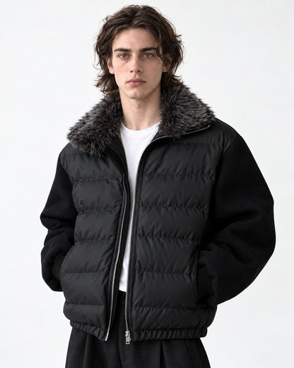 Contrast Sleeve Channel-Quilted Puffer Jacket