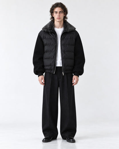 Contrast Sleeve Channel-Quilted Puffer Jacket