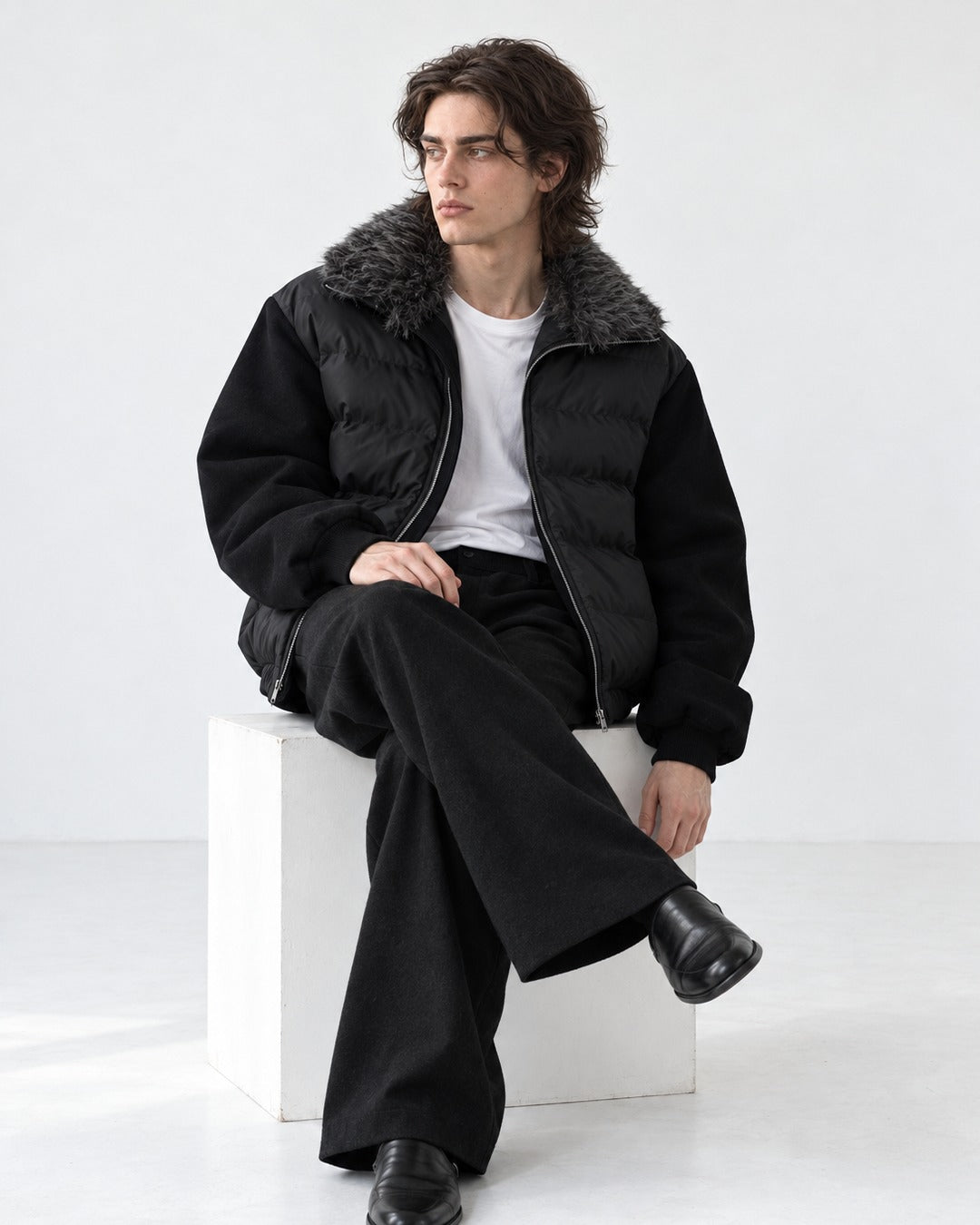 Contrast Sleeve Channel-Quilted Puffer Jacket