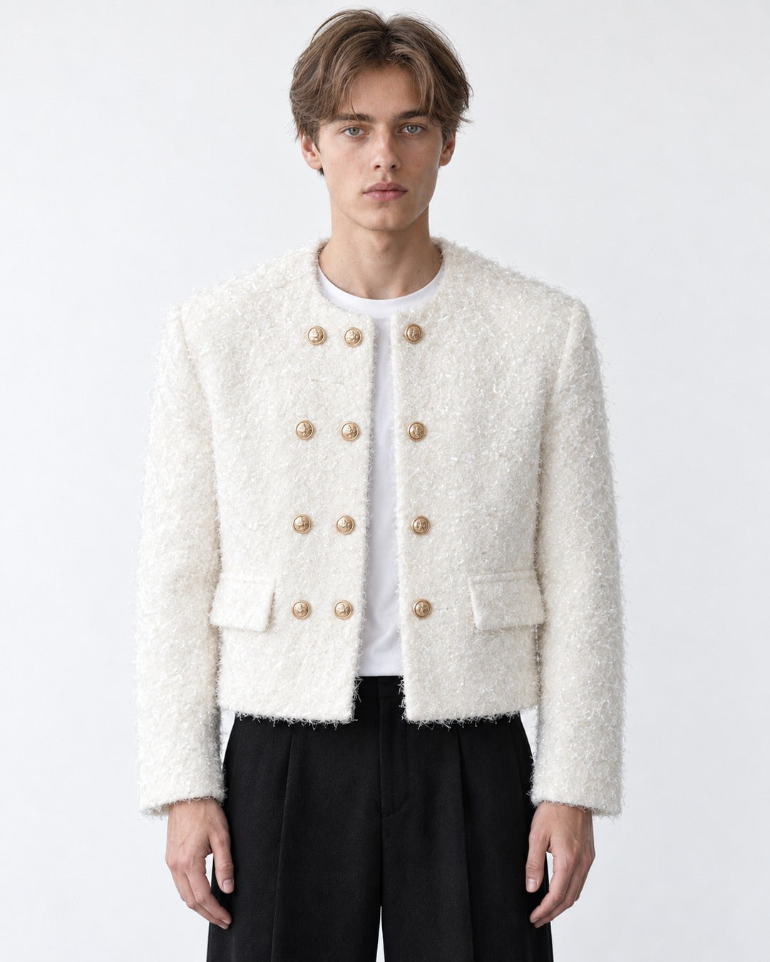 Collarless Double-Breasted Cropped Jacket