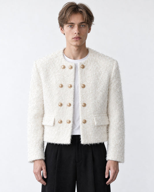 Collarless Double-Breasted Cropped Jacket