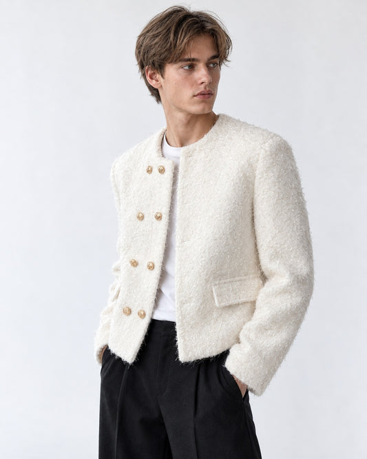Collarless Double-Breasted Cropped Jacket