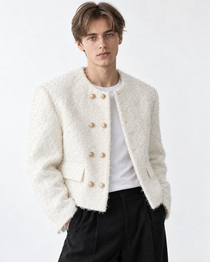 Collarless Double-Breasted Cropped Jacket