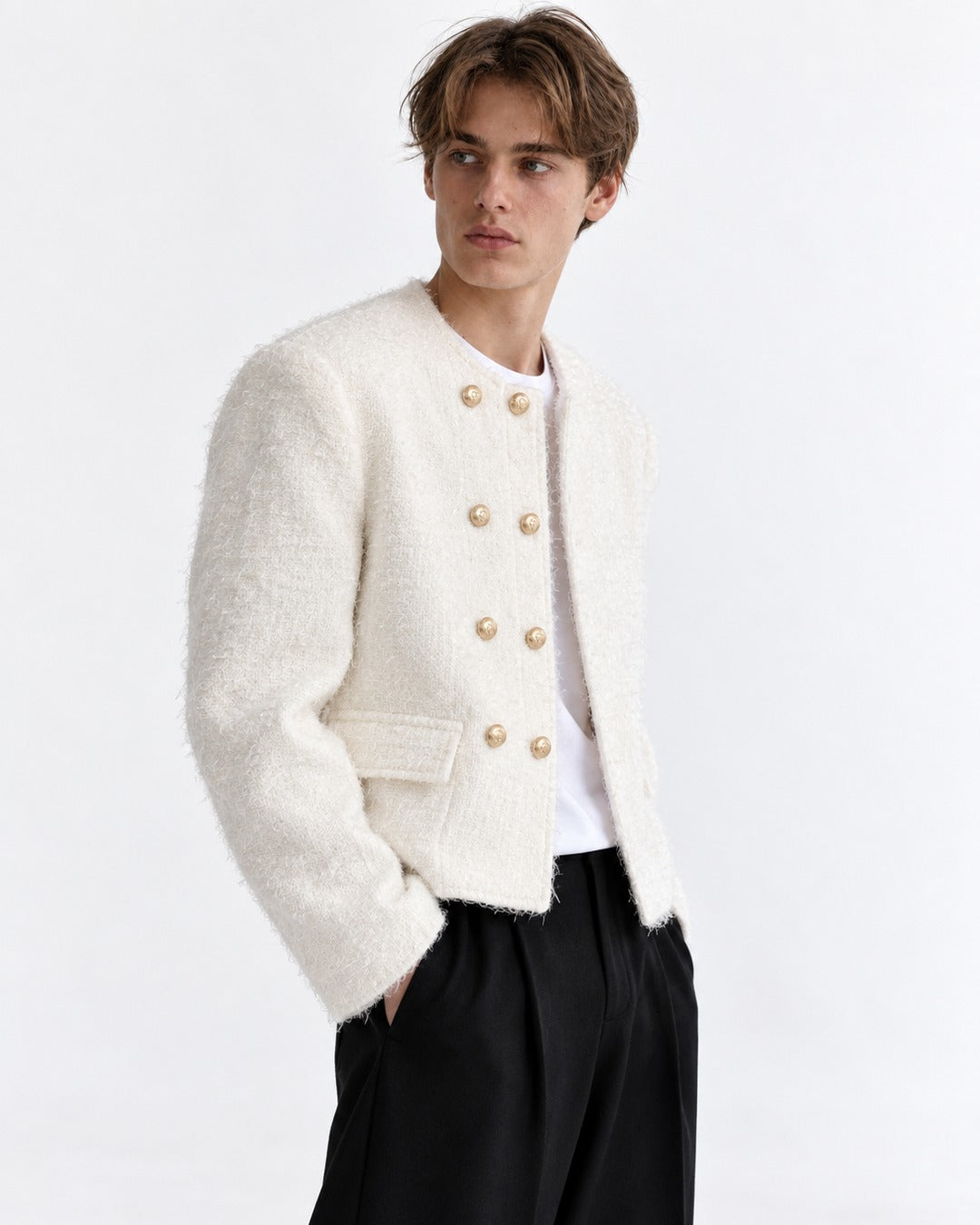 Collarless Double-Breasted Cropped Jacket