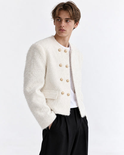Collarless Double-Breasted Cropped Jacket