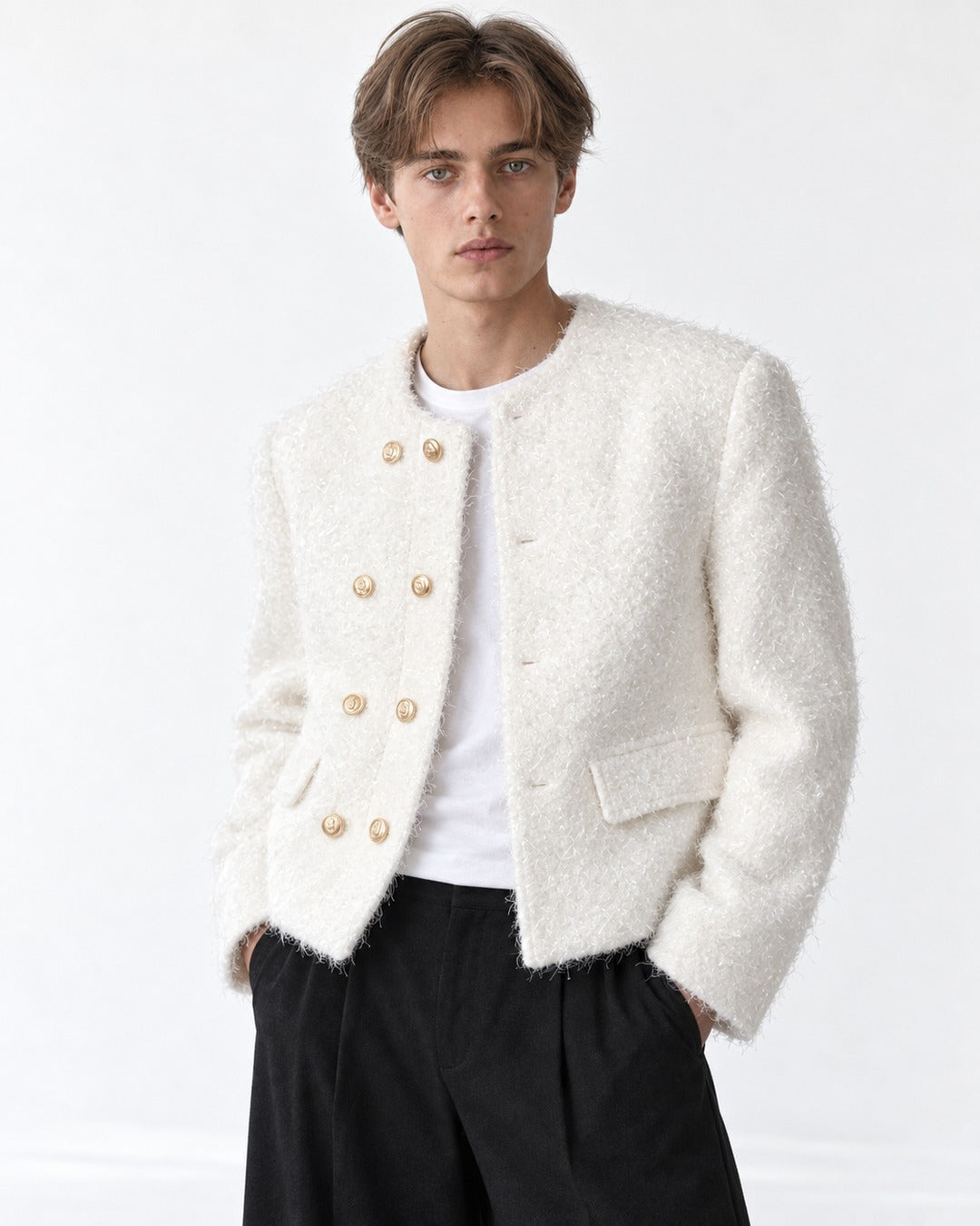 Collarless Double-Breasted Cropped Jacket