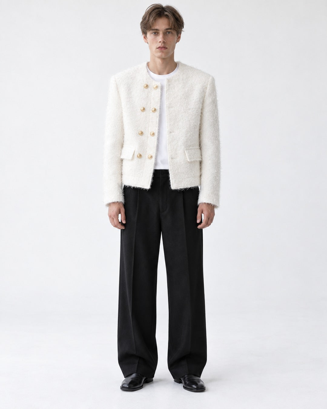 Collarless Double-Breasted Cropped Jacket