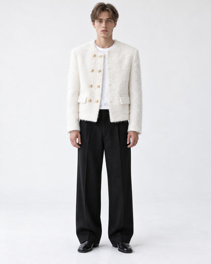 Collarless Double-Breasted Cropped Jacket