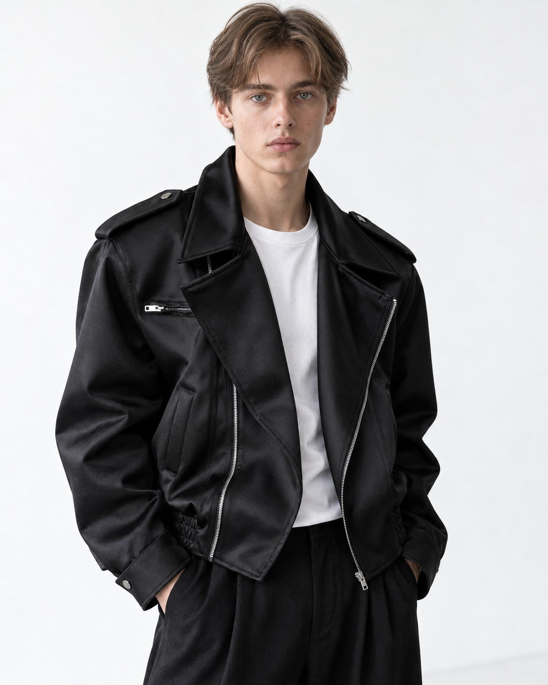 Epaulette Asymmetric-Zip Moto Jacket
