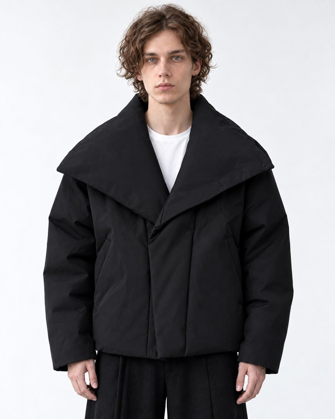 Oversized Shawl-Collar Snap Puffer Jacket