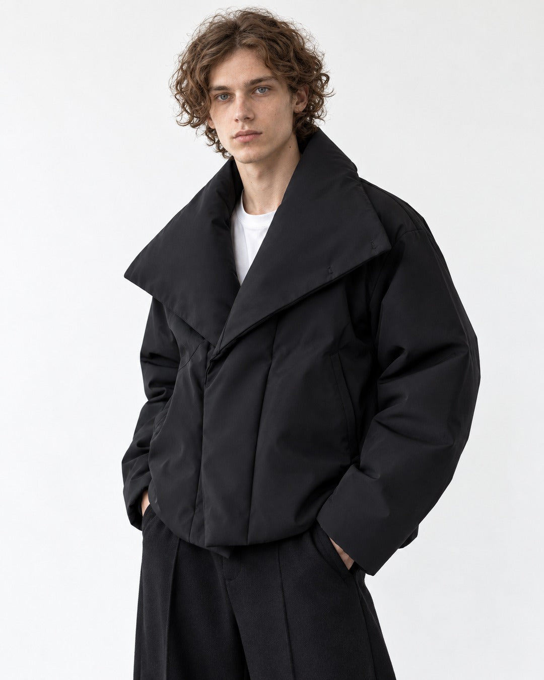 Oversized Shawl-Collar Snap Puffer Jacket