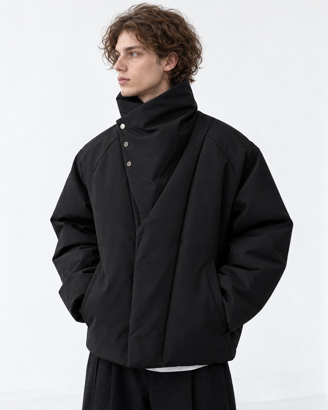 Oversized Shawl-Collar Snap Puffer Jacket