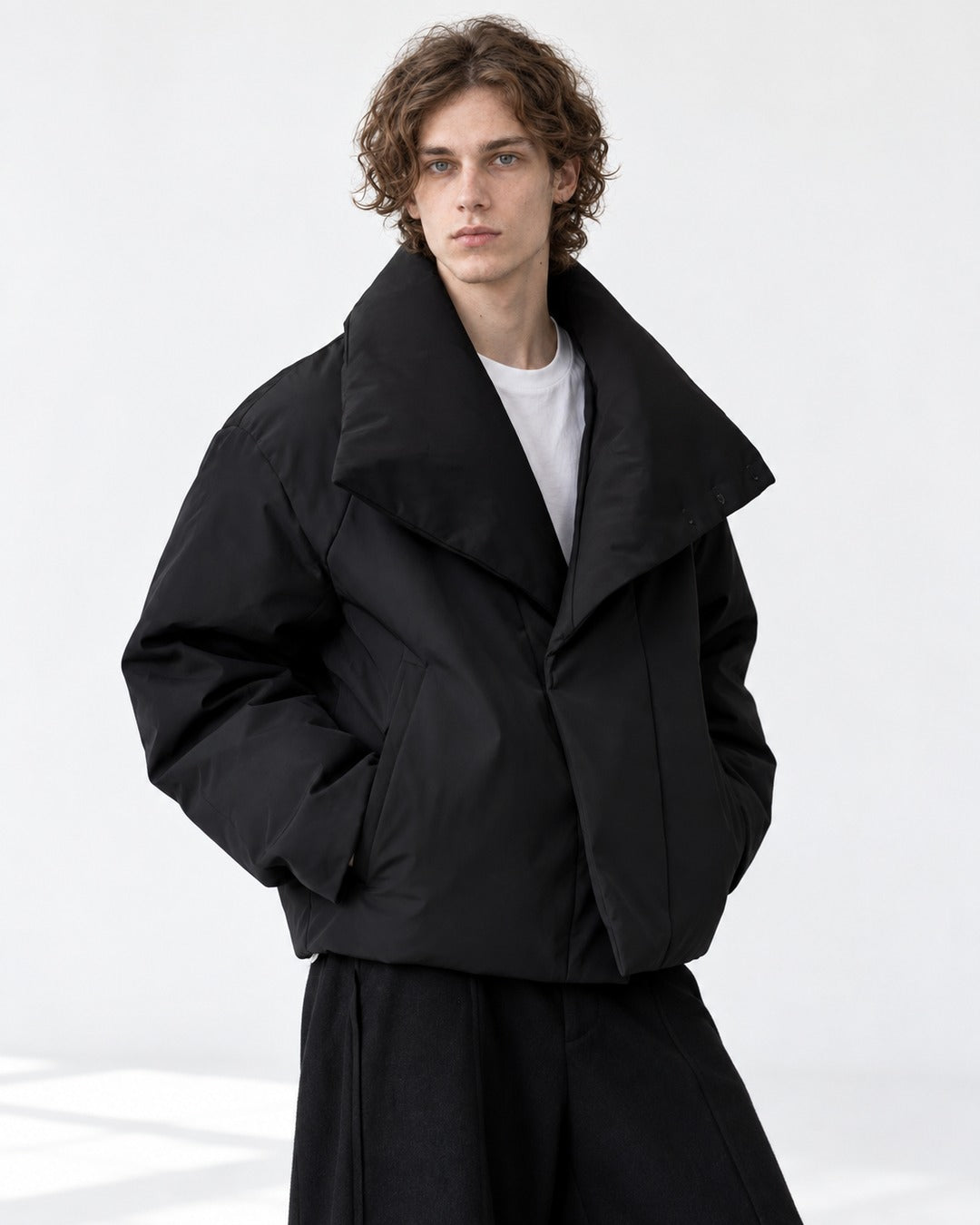 Oversized Shawl-Collar Snap Puffer Jacket