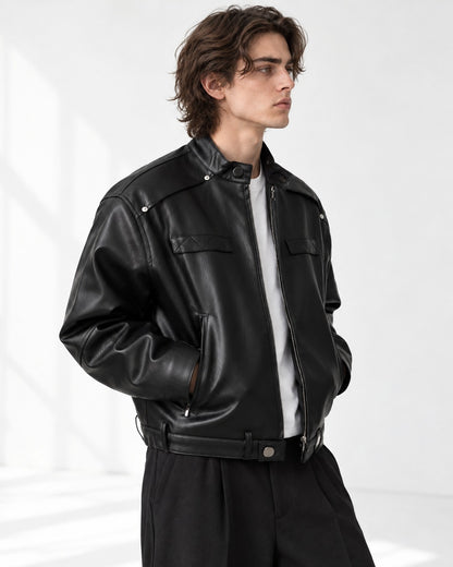 Snap Collar Buckle Hem Racer Jacket